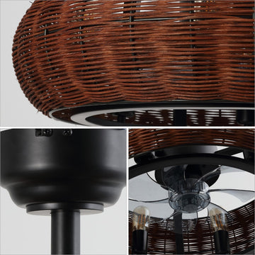 Cassidy 23" 6-Light Modern Bohemian 6-Speed Metal/Rattan Mobile-App/Remote-Controlled Height-Adjustable Lantern LED Ceiling Fan - JONATHAN Y